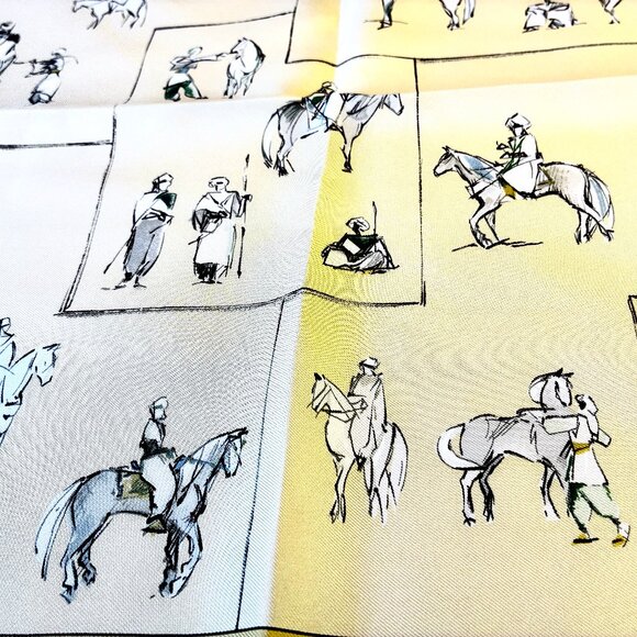 HERMES Paris Silk Scarf Equestrian Horse & Rider VOYAGE AU NIGER Green New 16" - Picture 13 of 16